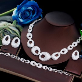 ThreeGraces 4pcs Shiny Micro Pave Cubic Zirconia Silver Color Luxury Nigerian Dubai Bridal Banquet Jewelry Set for Women TZ822