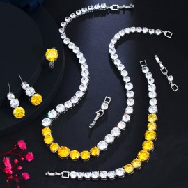 ThreeGraces 4pcs Shiny Yellow Cubic Zirconia Round CZ Earrings Bracelet Ring Necklace Bridal Party Jewelry Set for Women TZ821