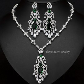 ThreeGraces African Women Luxury Cubic Zirconia Stone Super Long Earrings Necklace Statement Jewelry Sets For Wedding JS175