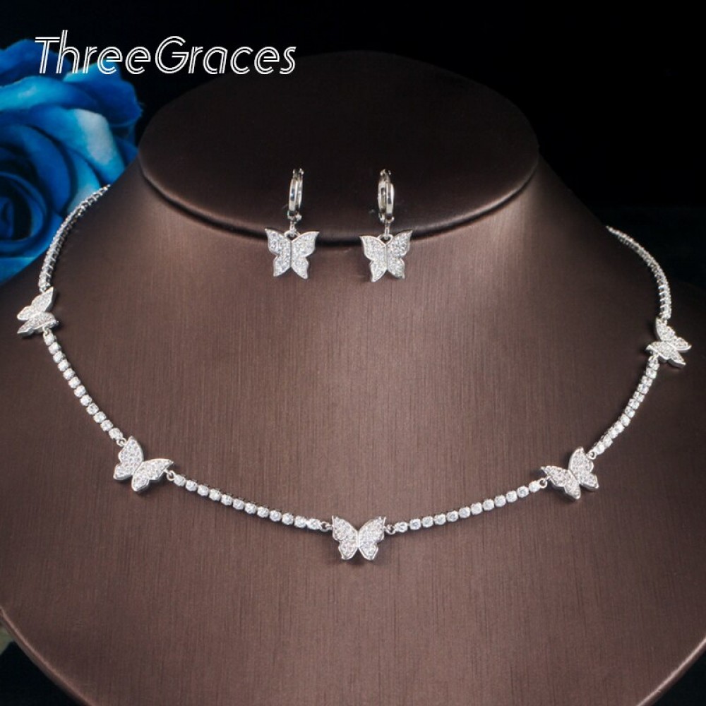 ThreeGraces Beautiful Gold Color Butterfly Shape Earrings Choker Necklace Cubic Zirconia Jewelry Sets for Women Chic Party T538