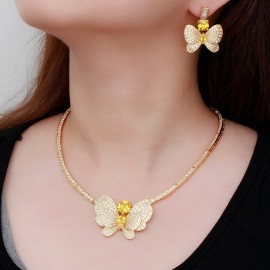 ThreeGraces Beautiful Yellow Cubic Zirconia Big Butterfly Earrings Necklace Wedding Bridal Party Jewelry Set for Brides TZ808