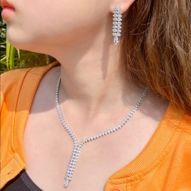 ThreeGraces Bling Cubic Zirconia Long Geometric Dangle Earrings Necklace Set for Women Romantic Wedding Prom Dress Jewelry TZ692