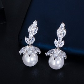 ThreeGraces Brand White Gold Color Cubic Zirconia Leaf Shape Earrings Necklace Wedding Pearl Jewelry Sets For Brides JS239