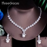 ThreeGraces Brand White Gold Color Cubic Zirconia Leaf Shape Earrings Necklace Wedding Pearl Jewelry Sets For Brides JS239