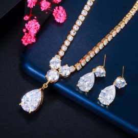 ThreeGraces Brilliant Cubic Zirconia Gold Color Elegant Water Drop Earrings Necklace Set for Women Brazilian Party Jewelry TZ751