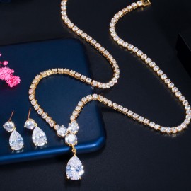 ThreeGraces Brilliant Cubic Zirconia Gold Color Elegant Water Drop Earrings Necklace Set for Women Brazilian Party Jewelry TZ751