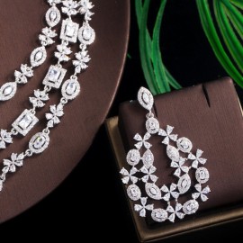 ThreeGraces Brilliant White Cubic Zirconia 3 Layers Big Nacklace Earrings Bridal Wedding Engagemen Jewelry Set for Women TZ542