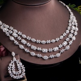 ThreeGraces Brilliant White Cubic Zirconia 3 Layers Big Nacklace Earrings Bridal Wedding Engagemen Jewelry Set for Women TZ542