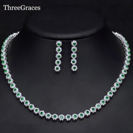 ThreeGraces Chic Style White Gold Color Women Cute Flower Cubic Zirconia Earrings Necklace Bridemaid Jewelry Sets Party JS125