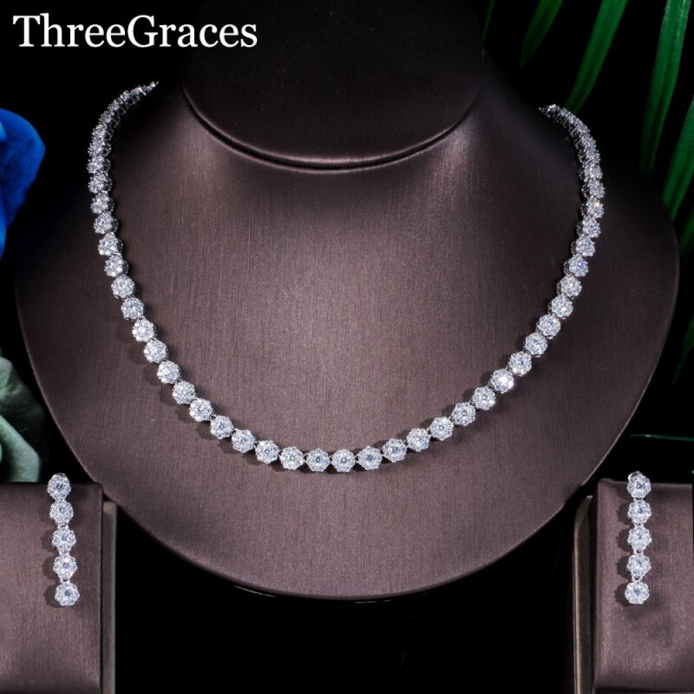 ThreeGraces Chic Style White Gold Color Women Cute Flower Cubic Zirconia Earrings Necklace Bridemaid Jewelry Sets Party JS125