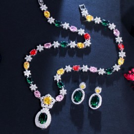 ThreeGraces Classic Colorful CZ Crystal Necklace and Earrings Set for Women Luxury Wedding Banquet Jewelry Accessories T0634