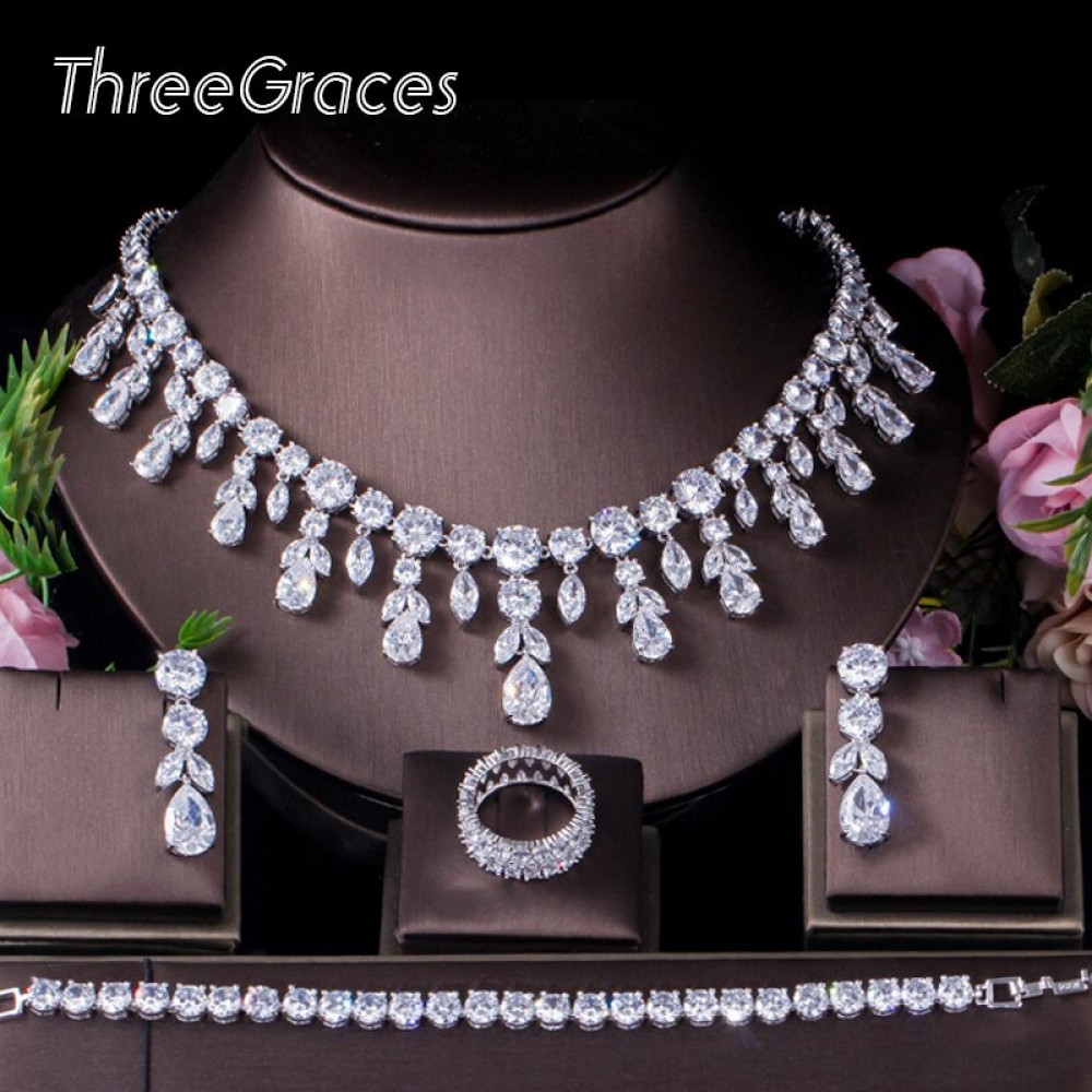 ThreeGraces Classic Cubic Zirconia Long Big Wedding Necklace Earrings Bracelet 4pcs Prom Costume Jewelry Set for Brides JS257