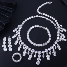 ThreeGraces Classic Cubic Zirconia Long Big Wedding Necklace Earrings Bracelet 4pcs Prom Costume Jewelry Set for Brides JS257