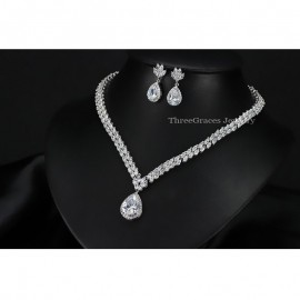 ThreeGraces Classic Double Marquise Shape Cubic Zircon Flower Drop Pear Necklace Earrings Engagement Jewelry Set For Women JS188