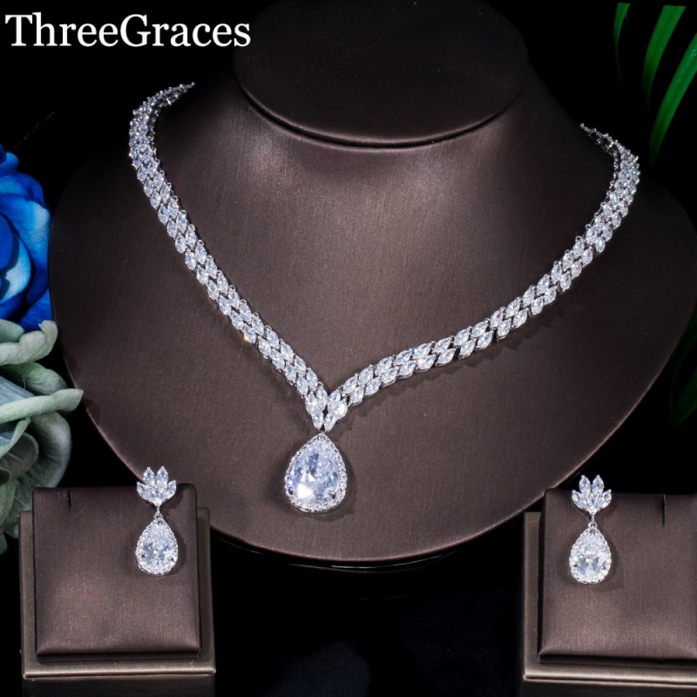 ThreeGraces Classic Double Marquise Shape Cubic Zircon Flower Drop Pear Necklace Earrings Engagement Jewelry Set For Women JS188