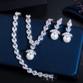 ThreeGraces Classic Marquise Shape Cubic Zircon Crystal Drop Pearl Bracelet Earrings Necklace Bridal Jewelry Sets Wedding JS240