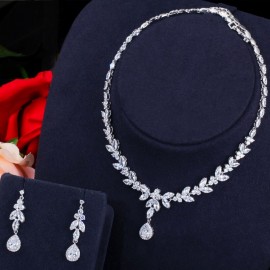 ThreeGraces Classic Shiny Cubic Zirconia Leaf Shape Bridal CZ Earrings and Necklace Set for Ladies Fashion Party Jewelry TZ843