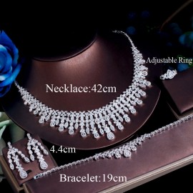 ThreeGraces Classical Cubic Zirconia 4pcs Bridal Wedding Tassel Drop Earrings Necklace Bracelet Ring Jewelry Set for Women TZ729