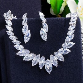 ThreeGraces Delicate Clear White Cubic Zirconia Necklace and Earrings Set for Women Fashion Trendy Bridal Party Jewelry JS644
