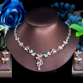 ThreeGraces Delicate Colorful Flower Necklace Earrings Cubic Zirconia Elegant Bridal Wedding Party Jewelry Set for Women TZ685