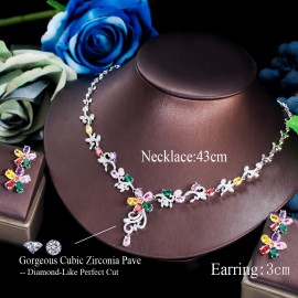 ThreeGraces Delicate Colorful Flower Necklace Earrings Cubic Zirconia Elegant Bridal Wedding Party Jewelry Set for Women TZ685