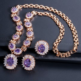 ThreeGraces Dubai Gold Color Purple Oval Austrian Crystal 4 Piece Luxury Wedding Engagement Jewelry Set For Women JS168