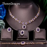 ThreeGraces Dubai Gold Color Purple Oval Austrian Crystal 4 Piece Luxury Wedding Engagement Jewelry Set For Women JS168