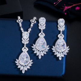 ThreeGraces Elegant Blue Cubic Zirconia Bridal Wedding Water Drop Earrings and Necklace Set for Women Party Dress Jewelry JS152