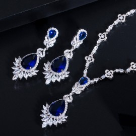 ThreeGraces Elegant Blue Cubic Zirconia Bridal Wedding Water Drop Earrings and Necklace Set for Women Party Dress Jewelry JS152
