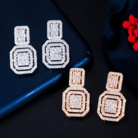 ThreeGraces Elegant Bridal Wedding Square Necklace Earrings Sets White CZ Crystal Silver Color Indian Women Party Jewelry TZ563