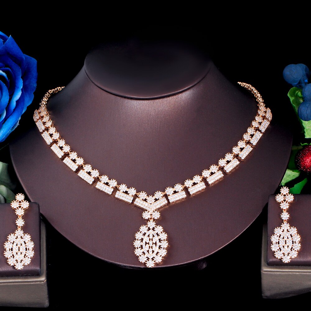 ThreeGraces Elegant Cubic Zirconia Nigerian Dubai Bridal Wedding Long Dangle Earrings and Necklace Jewelry Set for Women TZ835