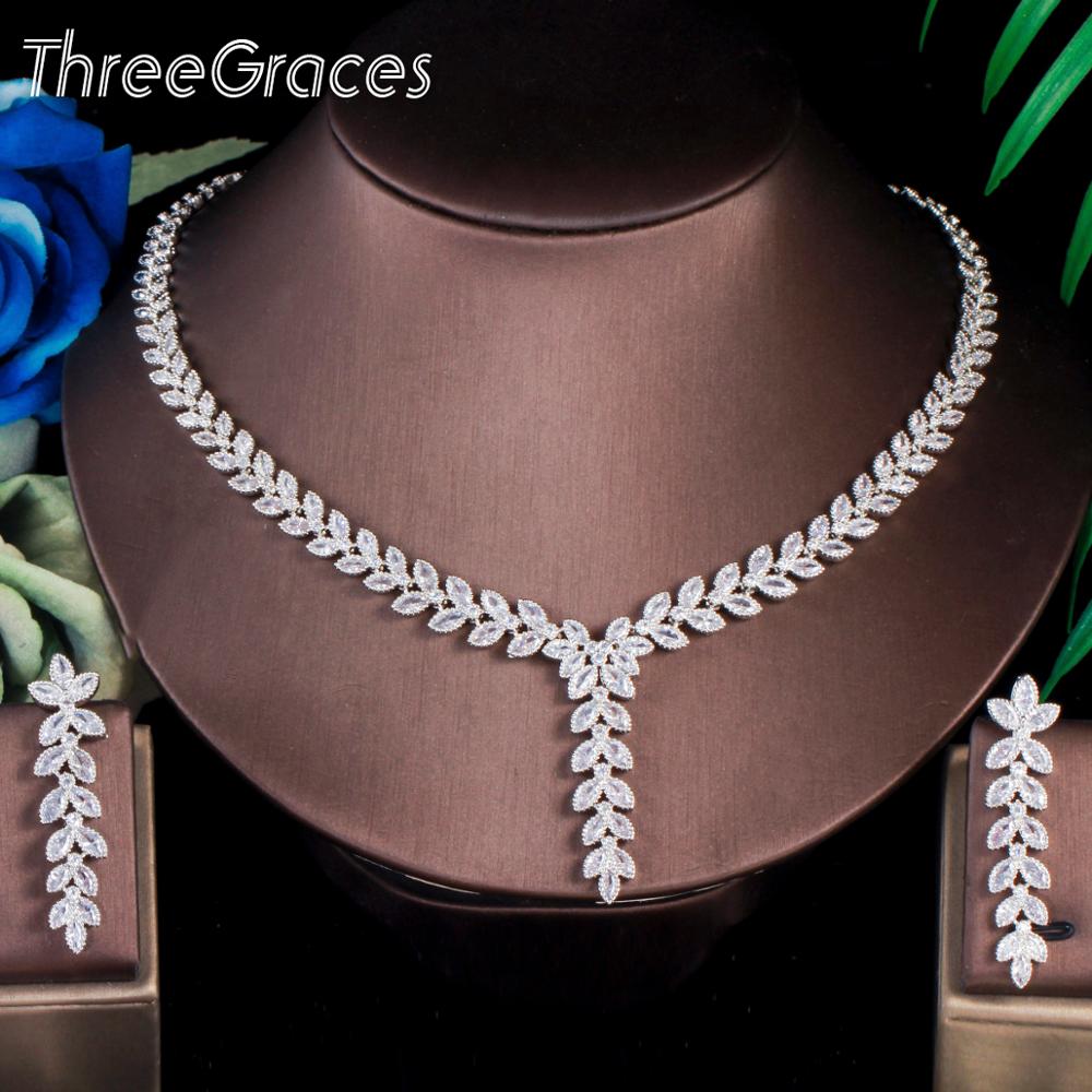 ThreeGraces Elegant Cubic Zirconia Silver Color Leaf Shape Earring and Necklace Wedding Jewelry Sets for Brides AccessoriesTZ571