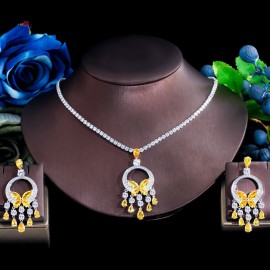 ThreeGraces Elegant Green Cubic Zirconia Long Big Drop Tassel Earrings Necklace Set for Women Fashion Summer Party Jewelry TZ672
