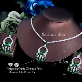ThreeGraces Elegant Green Cubic Zirconia Long Big Drop Tassel Earrings Necklace Set for Women Fashion Summer Party Jewelry TZ672