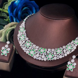 ThreeGraces Elegant Green Cubic Zirconia Silver Color Luxury Big Flower Bridal Wedding Necklace Jewelry Set for Brides TZ549