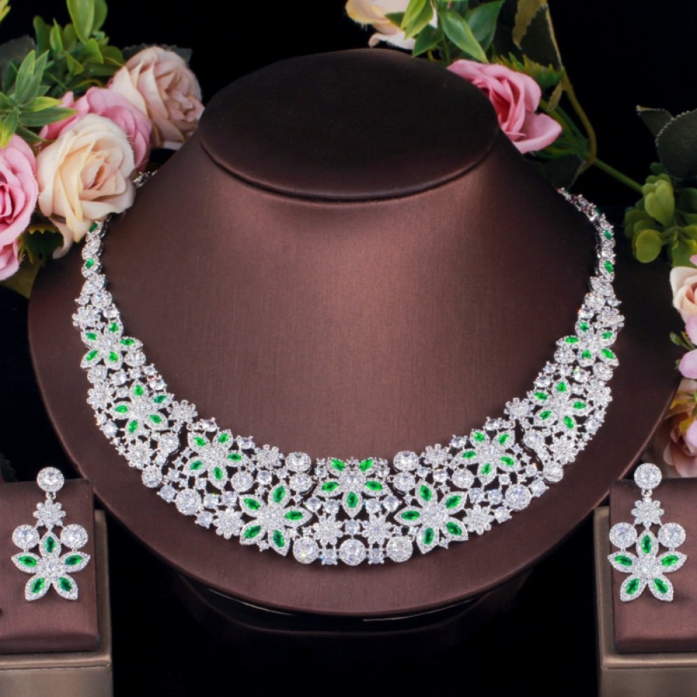 ThreeGraces Elegant Green Cubic Zirconia Silver Color Luxury Big Flower Bridal Wedding Necklace Jewelry Set for Brides TZ549