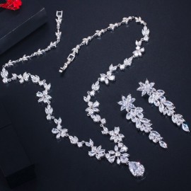 ThreeGraces Elegant Leaf Flower Drop CZ Crystal Women Party Costume Jewelry Sets Trendy Bridal Wedding Necklace Earrings TZ541
