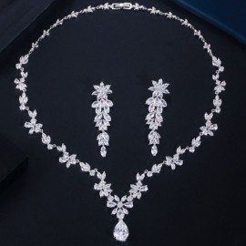 ThreeGraces Elegant Leaf Flower Drop CZ Crystal Women Party Costume Jewelry Sets Trendy Bridal Wedding Necklace Earrings TZ541