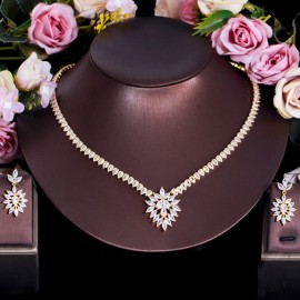 ThreeGraces Elegant Marquise Cut Cubic Zirconia Gold Color Earrings Necklace Wedding Collection Jewelry Set for Brides TZ654