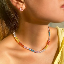 ThreeGraces Elegant Multicolor Cubic Zirconia Round CZ Tennis Choker Necklace Earrings Bridal Party Jewelry Set for Women TZ792