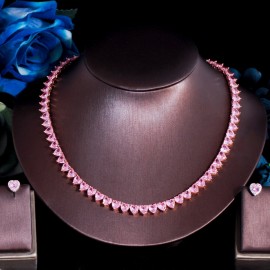 ThreeGraces Elegant Pink Cubic Zirconia Lovely Heart CZ Tennis Choker Necklace and Stud Earrings Jewelry Set for Women TZ755
