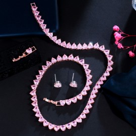 ThreeGraces Elegant Pink Cubic Zirconia Lovely Heart CZ Tennis Choker Necklace and Stud Earrings Jewelry Set for Women TZ755