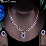 ThreeGraces Elegant Royal Blue Cubic Zirconia Gold Color Wedding Bridal Necklace Earrings Set for Women Party Jewelry Gift JS186