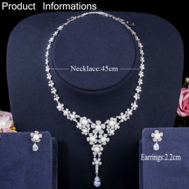 ThreeGraces Elegant Shiny Cubic Zirconia Long Flower Shape Simulated Pearl Necklace Earrings Bridal Jewelry Set for Brides JS619