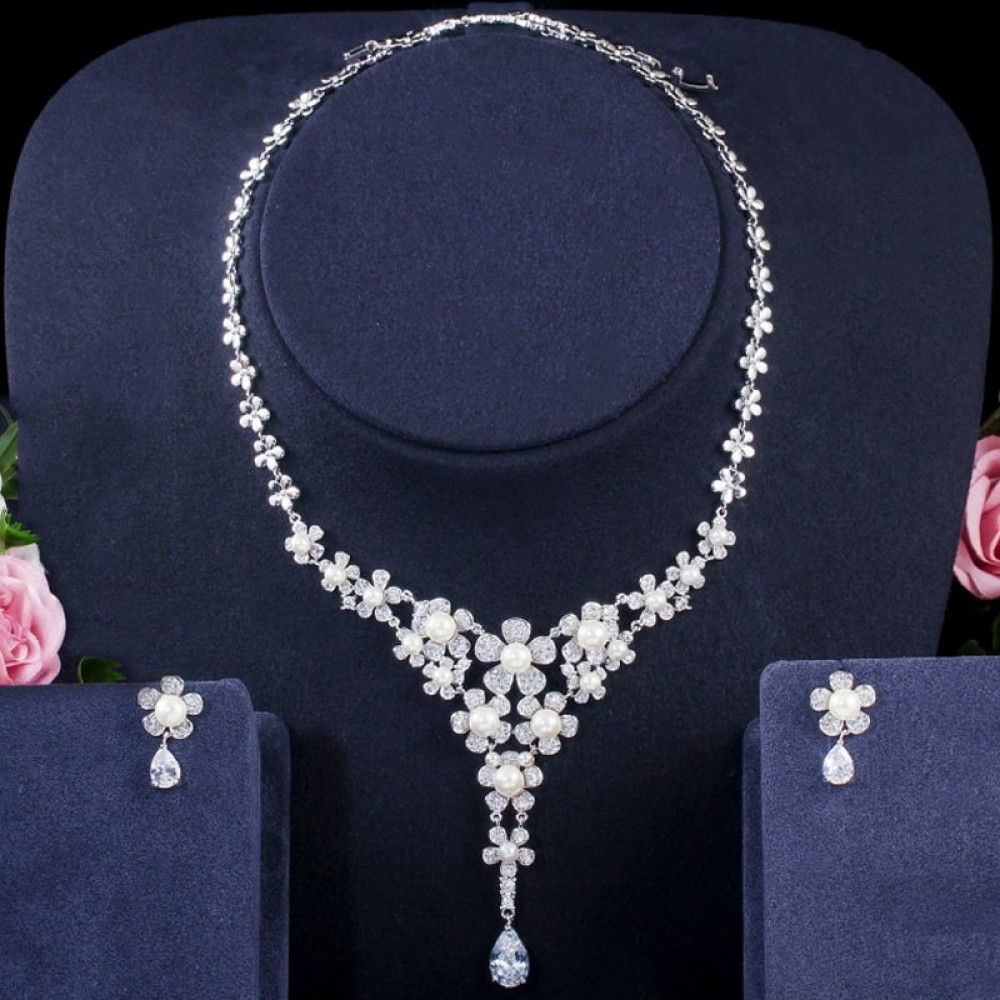 ThreeGraces Elegant Shiny Cubic Zirconia Long Flower Shape Simulated Pearl Necklace Earrings Bridal Jewelry Set for Brides JS619