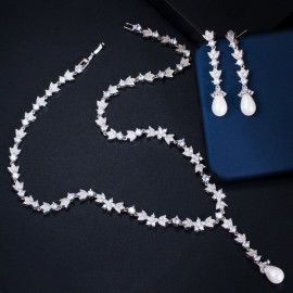 ThreeGraces Elegant White CZ Stone Bridal Wedding Long Pearl Drop Necklace and Earrings Negerian Costume Jewelry Set JS622