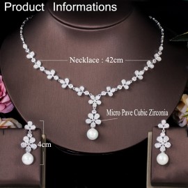 ThreeGraces Elegant White CZ Stone Bridal Wedding Long Pearl Drop Necklace and Earrings Negerian Costume Jewelry Set JS622