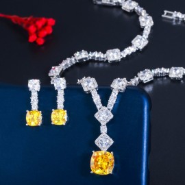ThreeGraces Elegant Yellow CZ Crystal Silver Color Big Square Drop Earrings Necklace Wedding Party Jewelry Sets for Women TZ581