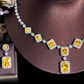 ThreeGraces Elegant Yellow Cubic Zirconia Geometric Square Drop Earrings Necklace Bridal Wedding Jewelry Set for Women TZ694