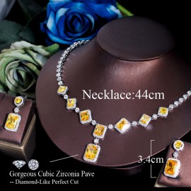 ThreeGraces Elegant Yellow Cubic Zirconia Geometric Square Drop Earrings Necklace Bridal Wedding Jewelry Set for Women TZ694